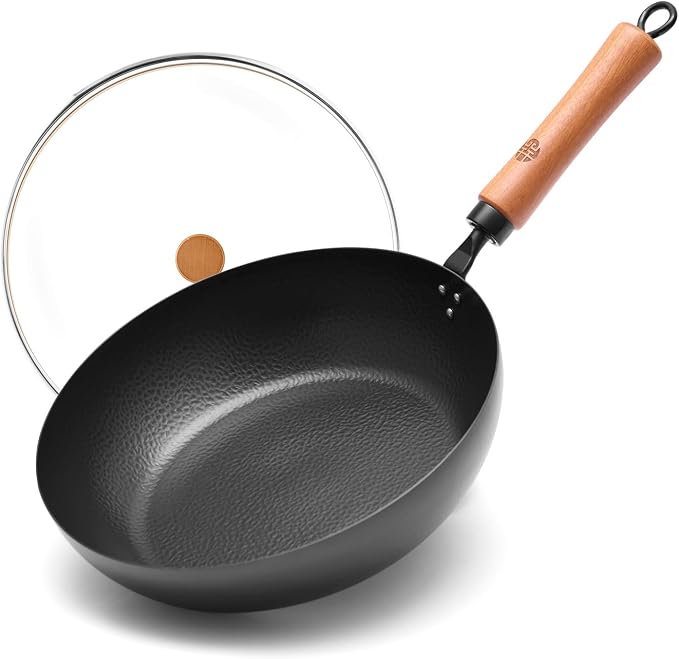 WANGYUANJI 11 Inch Carbon Steel Skillet with Lid-Flat Bottom Frying Pan for Searing & Browning,Nitrided Iron Sauté Pan with Removable Handle-Induction Compatible (No Coating,Cooks Crispier&Juicier)