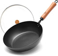 WANGYUANJI 11 Inch Carbon Steel Skillet with Lid-Flat Bottom Frying Pan for Searing & Browning,Nitrided Iron Sauté Pan with Removable Handle-Induction Compatible (No Coating,Cooks Crispier&Juicier)