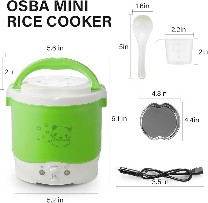 OSBA 12V Rice Cooker for Car 1L Mini Rice Cooker with Steamer, Green | 2Cup Portable Travel Rice Cooker for 1-2 People, Cooking Heating & Auto Keeping Warm Function, Used as an Electric Lunch Box