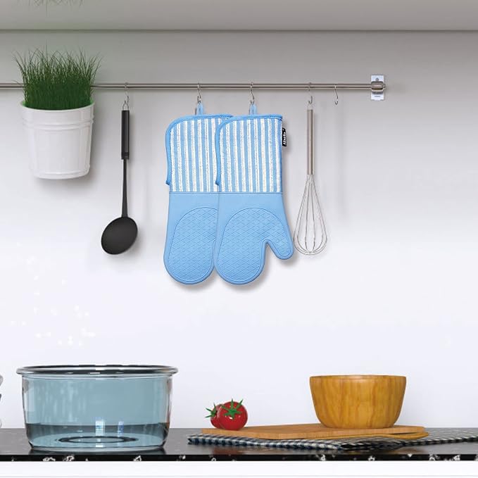 Alselo Silicone Oven Mitts Heat Resistant 932℉ with Waterproof & Non-Slip | Kitchen Mittens Set of 2,Extra Long Oven Gloves with Soft Cotton Terry Lining for Baking Cooking Barbecue (Blue,2)