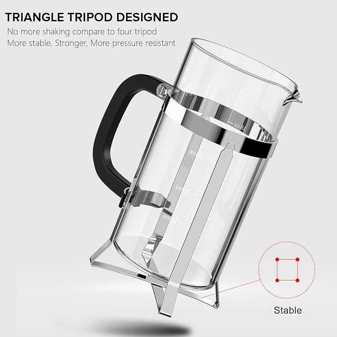 QUQIYSO French Press Coffee Maker 21oz,Borosilicate Glass Coffee Press | Thickened Glass Stainless Steel Coffee French Press,Easy to Clean,4 Filter Suitable for Kitchen Party Camping Gifts(Silver)