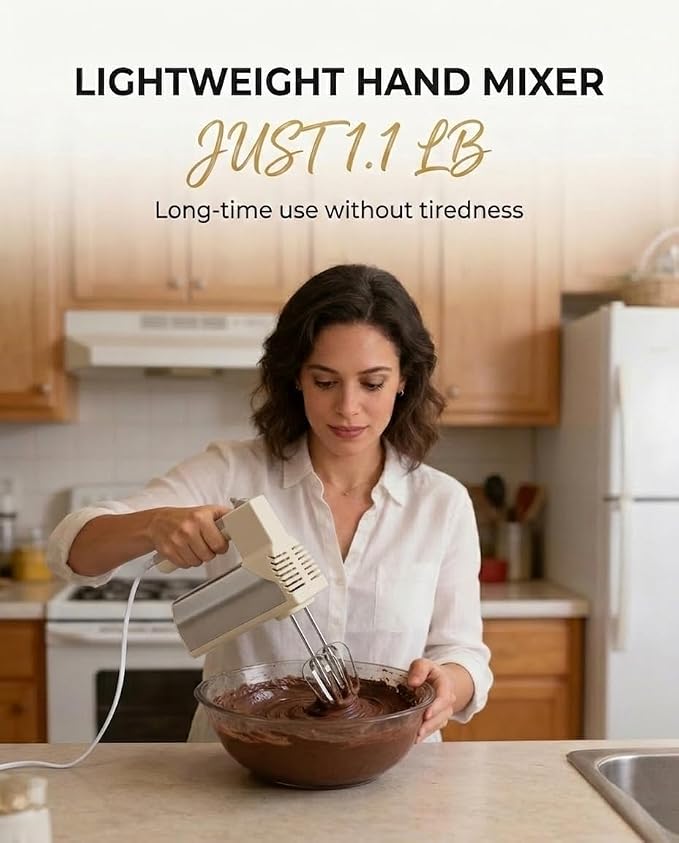 Hand Mixer Electric Handheld, 5-Speed 200W Portable Mixer Beige | WESTCOOKAID Electric Hand Mixer with Dough Hooks, Turbo Ultra Power+Eject Button, Perfect for Cakes, Eggs and Baking, Beige