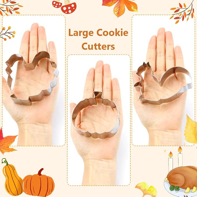 Thanksgiving Cookie Cutters, Fall Cookie Cutters, Leaf Cookie Cutters, Pumpkin Cookie Cutter, 3PCS Large 3.2" to 3.6" Autumn Cookie Cutters Fall Theme Holiday Shapes of Turkey, Squirrel, Pumpkin