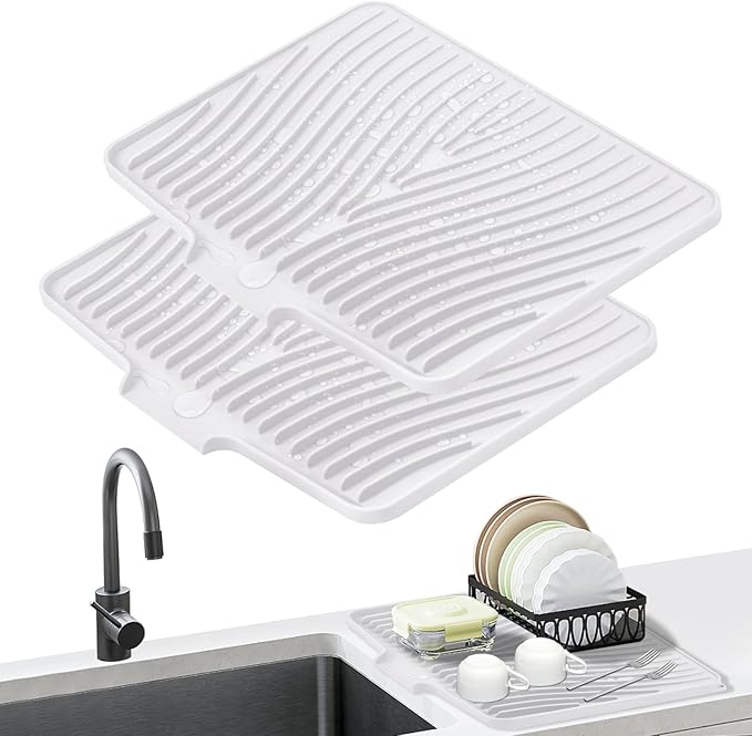 TIKNIK Silicone Dish Drying Mat for Kitchen Counter, White-2pcs, 16" x 12" | Heat Resistant & Non-Slip Dish Drain Pad with Built-In Drain, Dishwasher Safe, Quick-Dry, Hangable & Roll-Up for Storage