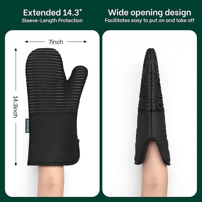 Beneno Heat Resistant 500°F Kitchen Oven Mitts 2-Pack, 7.5"x14.3", Black | Textured Non-Slip Silicone Grip, Extra Long Forearm Protection, Soft Quilted Cotton Terry Lining, Ideal for Baking & Grilling