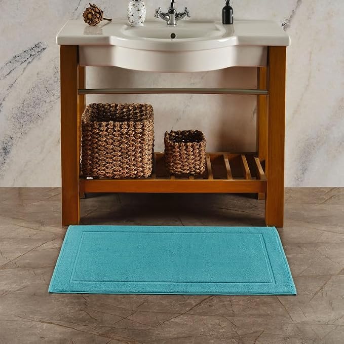 Hawmam Linen Teal Turquoise Bath Mats, 21 x 34 inches, Pack of 2-100% Ring Spun Cotton,[Not a Bathroom Rug] Banded Design, Highly Absorbent, Machine Washable for Bathroom Floor Towel