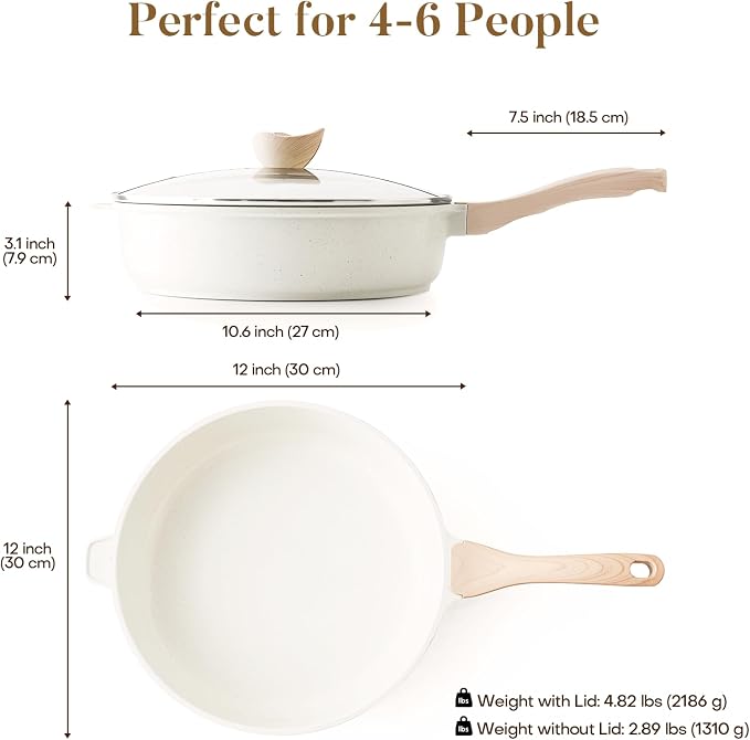 Kordisen Nonstick Ceramic Deep Frying Pan, 12 Inch Non Toxic Large Skillet with Lid, 5 Qt Healthy Jumbo Cooker, Saute Pan for Cooking, Induction Cookware, PFOA & PFAS Free (Cream)