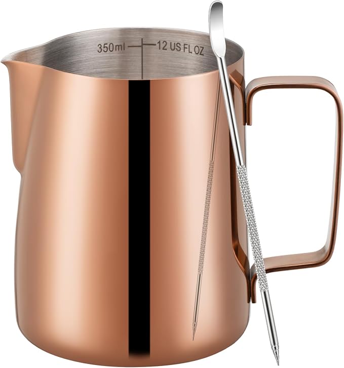 Amrules Milk Frothing Pitcher 12oz Frother Cup Barista Tools, Rose Gold | 18/8 Stainless Steel, 12oz Capacity with Clear Scale, with Decorating Pen, Ergonomic Handle, for Cappuccino, Latte & Espresso