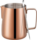Amrules Milk Frothing Pitcher 12oz Frother Cup Barista Tools, Rose Gold | 18/8 Stainless Steel, 12oz Capacity with Clear Scale, with Decorating Pen, Ergonomic Handle, for Cappuccino, Latte & Espresso