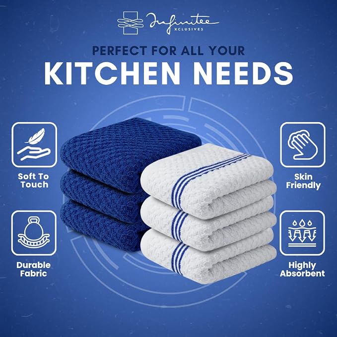 Infinitee Xclusives Kitchen Towels - 6 Pack - Cotton Dish Towel |15" x 25"| | 100% Cotton, Highly Absorbent Tea Towels - Lint Free, Soft, Durable & Quick Dry, Ideal for Drying Dishes & Kitchen Cleaning