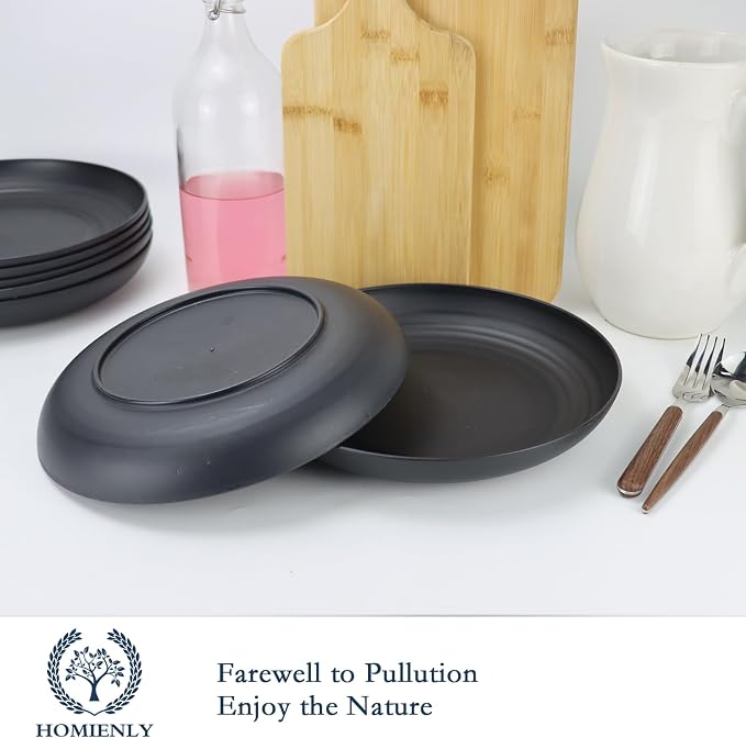 Dinner Plates Set of 8 Alternative for Plastic Plates Microwave and Dishwasher Safe Wheat Straw Plates for Kitchen Unbreakable Plate Set (Black, 10 inch)