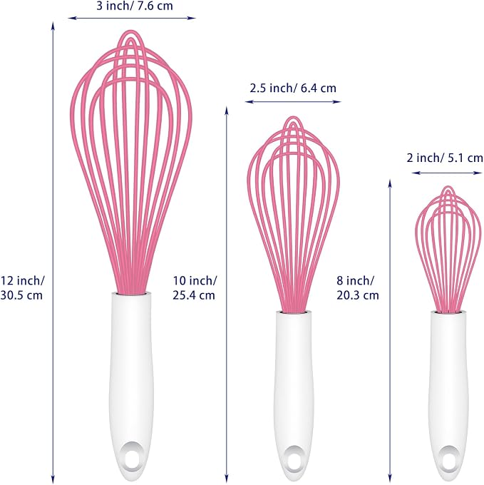 OYV Pink Silicone Whisk Set of 3, 8/10/12 Inch, Dishwasher Safe | Sealed Waterproof Handles, Non-Scratch Silicone-Coated Wires, Nonstick-Safe, Durable Stainless Steel Cores, Easy To Clean