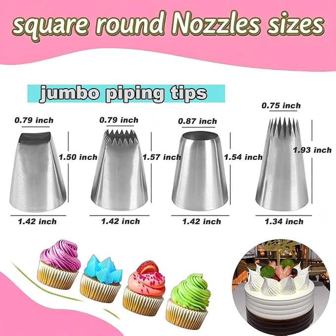 4PCS Extra Large Piping Tips Set, Stainless Steel Jumbo Icing Tips (F02 F06 9FT R22L) Round Star Square Wide for Cake Cupcake Cookie Eclair Churro Meringue