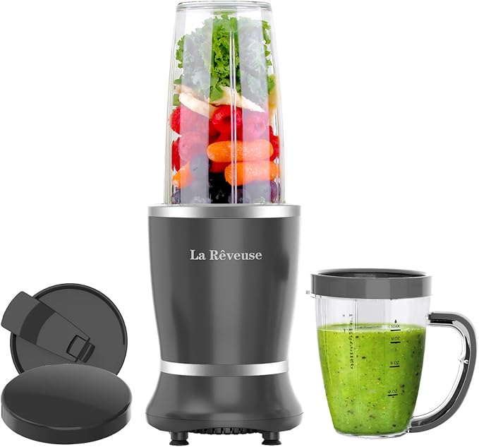 La Reveuse Personal Smoothie Blender, 7 Pieces Set, 250W, Black | for Shakes Smoothies Dips Sauces, BPA-free, Push to Blend, (1) 15oz Cup, (1) 10oz Mug, Dishwasher Safe, Compact, LARB2501B