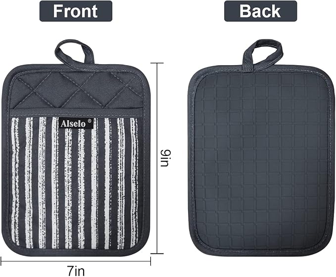 Alselo Silicone Pot Holders Set of 3 Heat Resistant & Non Slip Potholders | Professional Oven Hot Pads with Pockets Mitts for Kitchen Cooking Baking Barbecue (Grey 3)