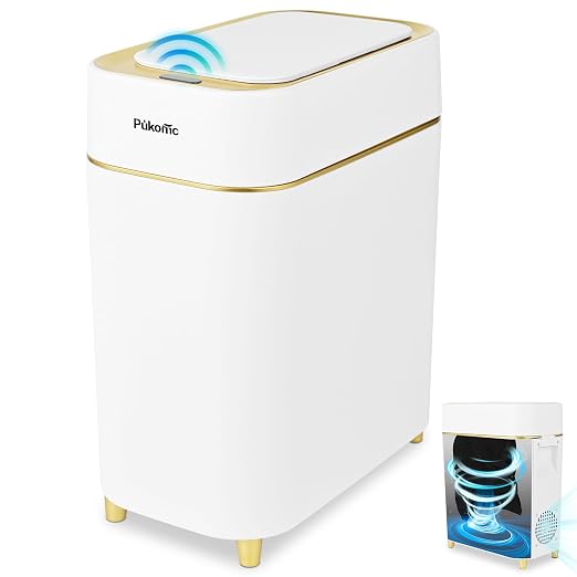 Pukomc 2.3 Gallon / 9L Automatic Adsorption Sensor Trash Can | White Gold Motion Sensor Garbage Bin with Suction, Slim Fashionable Design for Kitchen, Bathroom, Office & Small Space