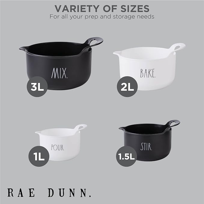 Rae Dunn Non-Slip Mixing Bowls - 4 Piece Nesting Plastic Mixing Bowl Set with Pour Spouts and Handles-Measurement Markings (Black)