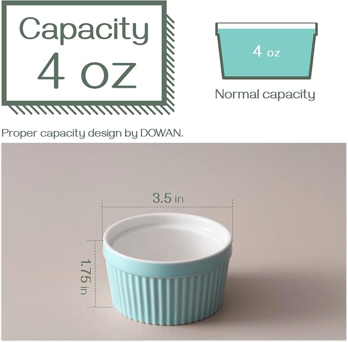 DOWAN 4 oz Ramekins for Creme Brulee, Porcelain Ramekin Oven Safe, Classic Style Ramekins for Baking Souffle Dishes Small Bowls Custard Cup, Set of 6, Blue