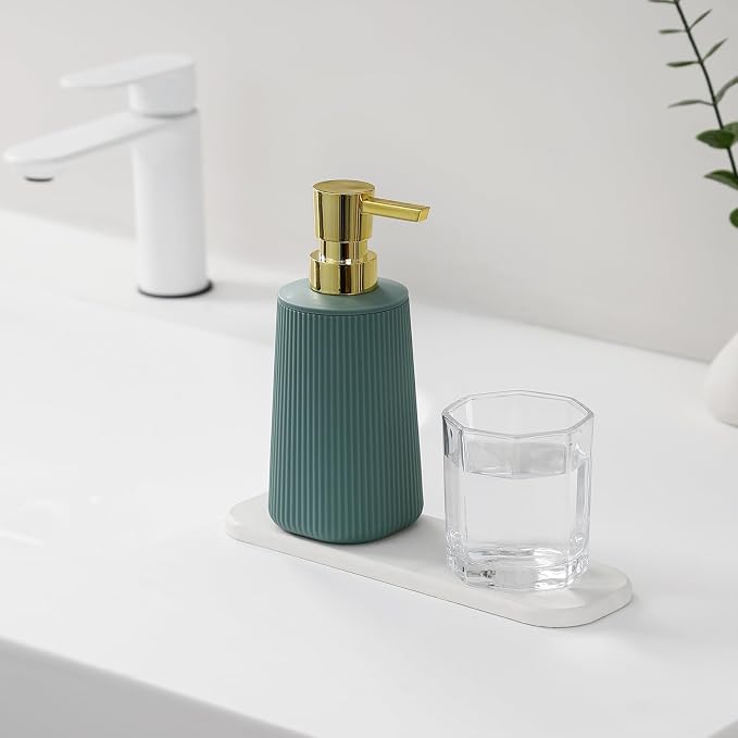 YAUKPH Small Soap Dispenser for Bathroom and Kitchen Matte Green and Gold | Modern Farmhouse Striped Style Plastic Hand Soap Dish Soap Dispenser with Pump