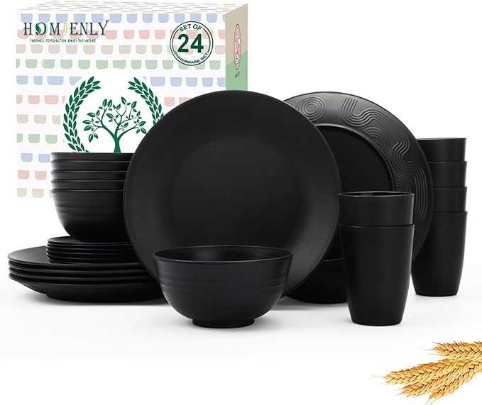 24-Piece Wheat Straw Dinnerware Sets,Service for 6 - Cups, Plates and Bowls Sets,Reusable Dishwasher and Microwave Safe Melamine Dinnerware Set for Home,Camping,RVs - Black