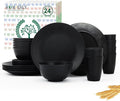 24-Piece Wheat Straw Dinnerware Sets,Service for 6 - Cups, Plates and Bowls Sets,Reusable Dishwasher and Microwave Safe Melamine Dinnerware Set for Home,Camping,RVs - Black