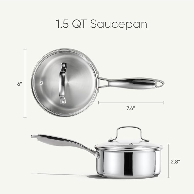 CAROTE 1.5Qt Stainless Steel Saucepan, Non-Toxic 3-Ply Stainless Steel Cookware Set with Lids, Small Kitchen Pots, Oven Safe, Compatible with Induction, Ceramic, Gas