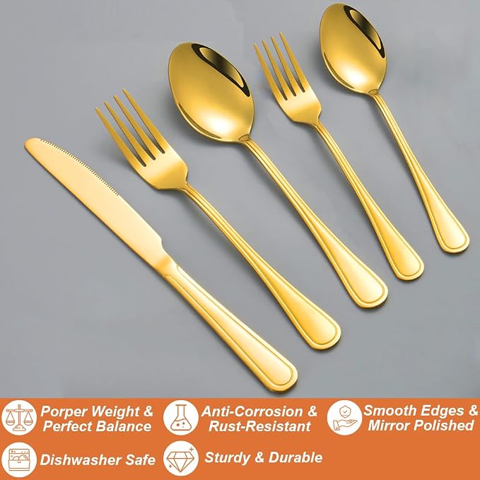 40 Pcs Gold Silverware Set for 8, Food Grade Stainless Steel Flatware Set, Eating Utensils Sets Include Fork/Knife/Spoon, Reusable Cutlery Set for Home Kitchen, Dishwasher Safe, Double-stripe