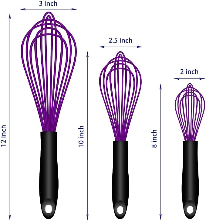 OYV Purple Silicone Whisk Set of 3, 8/10/12 Inch, Dishwasher Safe | Sealed Waterproof Handles, Non-Scratch Silicone-Coated Wires, Nonstick-Safe, Durable Stainless Steel Cores, Easy To Clean