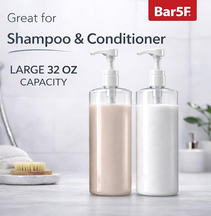Bar5F Pump Bottle 32-Ounce 1-Liter Empty | For Shampoo Conditioner Body Wash Lotion, BPA-Free, Crystal-Clear, Pack of 1
