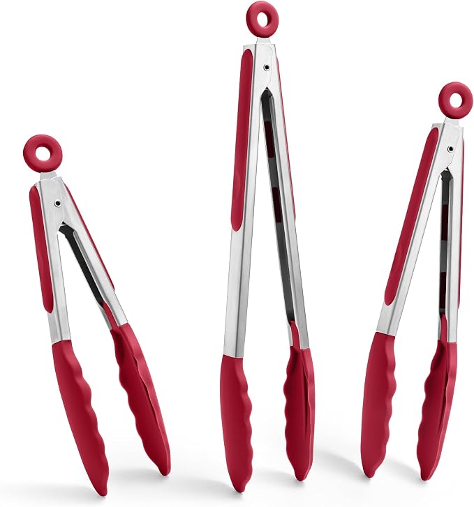 Doosu Kitchen Tongs with Silicone Tips for Cooking Serving (3Pcs, Red) | 600°F Heat Resistant Food Tong, Heavy Duty Stainless Steel Locking Tong for BBQ, Grilling Steak, Salad, Toast, Pasta