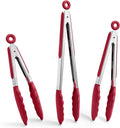 Doosu Kitchen Tongs with Silicone Tips for Cooking Serving (3Pcs, Red) | 600°F Heat Resistant Food Tong, Heavy Duty Stainless Steel Locking Tong for BBQ, Grilling Steak, Salad, Toast, Pasta