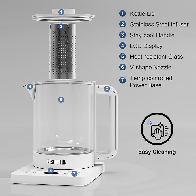 Electric Tea Kettle with Infuser, 1.5L Glass Water Boiler with Temperature Control, 24H Keep Warm & Auto Shut-Off, White