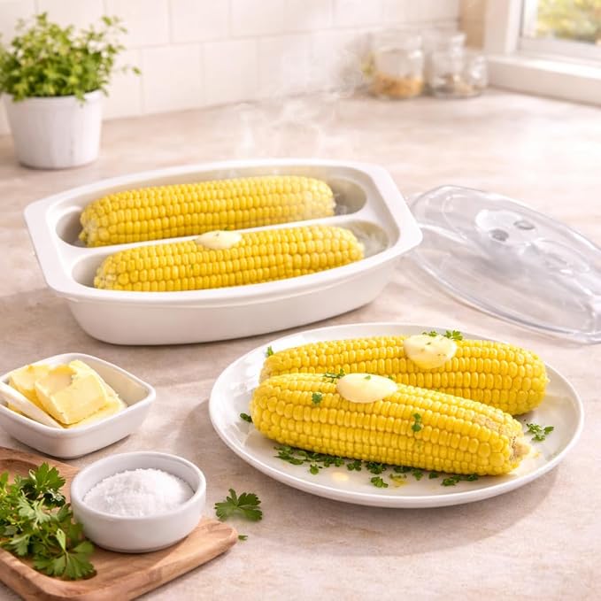 Microwave Corn Steamer for 2 Ears – BPA Free Cob Container with Vented Lid, Dishwasher Safe for Fresh or Frozen Ears