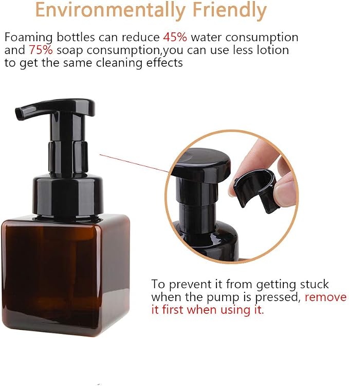 Foaming Soap Dispenser, 9oz Plastic Refillable Pump Bottle, 2 Pack, Amber | Hand Dispenser for Liquid Soap, Shampoo & Body Wash – Saves Soap with Rich Foam, Reusable, Easy to Refill, BPA-Free