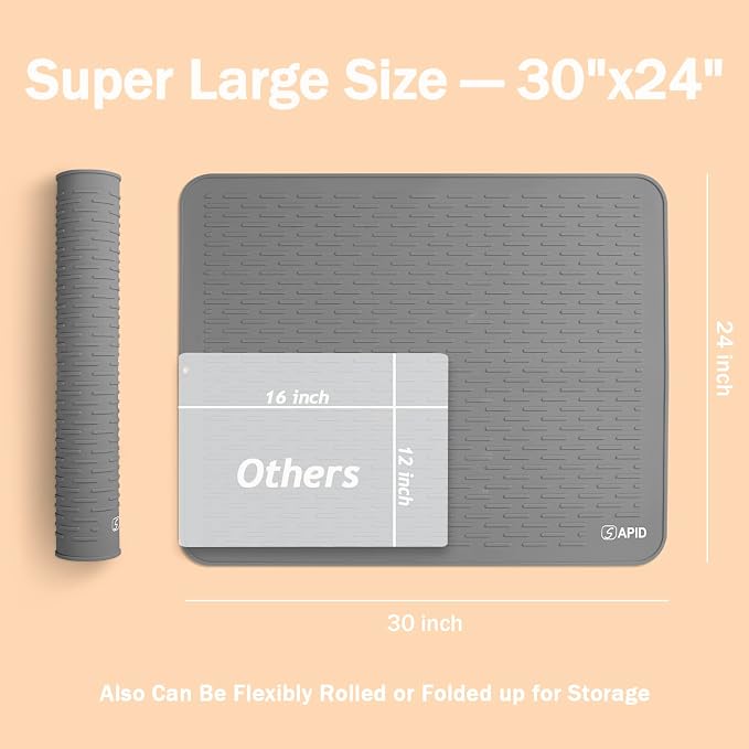 Extra Large 30x24 Inch Silicone Dish Drying Mat for Rack & Kitchen Counter | Easy Clean Silicone Drying Mat for Kitchen Counter , Non-Slip Dish Drain Mat , Heat Resistant Silicon Dish Mat , Gray , SAPID