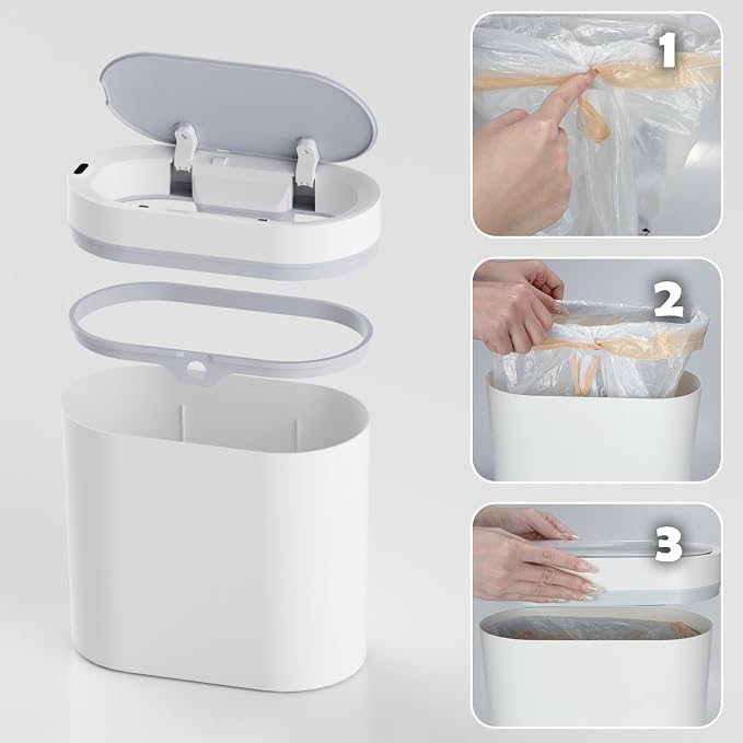 SYNCVIBE Bathroom Trash Can with Lid, 2 Gallon Slim Smart Garbage Can White | Motion Sensor Wastebasket, Narrow Automatic Plastic Trash Bin for Bedroom, Living room, Toilet, Office