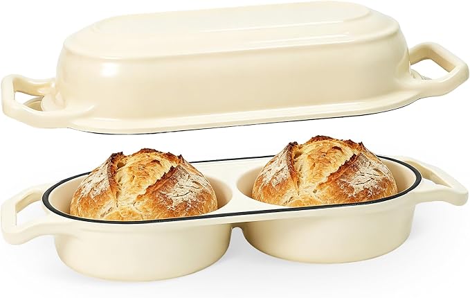 Premium Double Dutch Oven for Artisan Sourdough Bread 500°F Oven Safe | Bake 2 Loaves at Once/Bakery-Style Crust Every Time/Premium Cast Iron Heating/3-Layer Enamel Protection