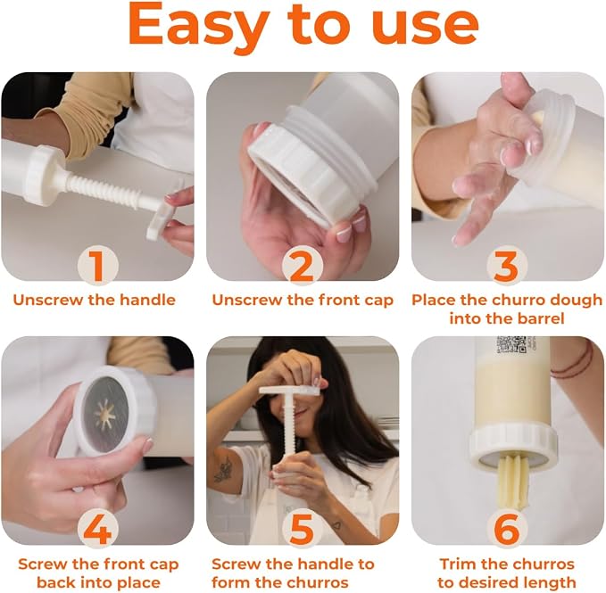 Churro Maker Kit, Booster-Powered Handle, Filler Needle, 3 Nozzles | QR recipe guide, 304 stainless steel nozzle, homemade filled churros, sweet fillings, easy shaping, family cooking activity