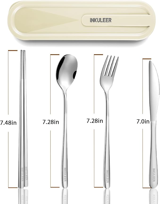 iNKULEER Travel cutlery set, 18/8 stainless steel cutlery, Reusable utensils set with case, Portable Silverware Lunch Box for Camping and Office-Stainless steel