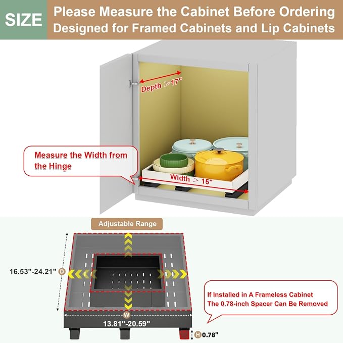 Fokyfok Pull out Cabinet Organizer,15"-21"W,17"-24"D,Expandable,Adhesive | No Drill,3 Rails,Roll out Drawers,Adjustable Slide out Shelves for Kitchen,Pantry,Framed and Framless Cabinets,Black,1PC