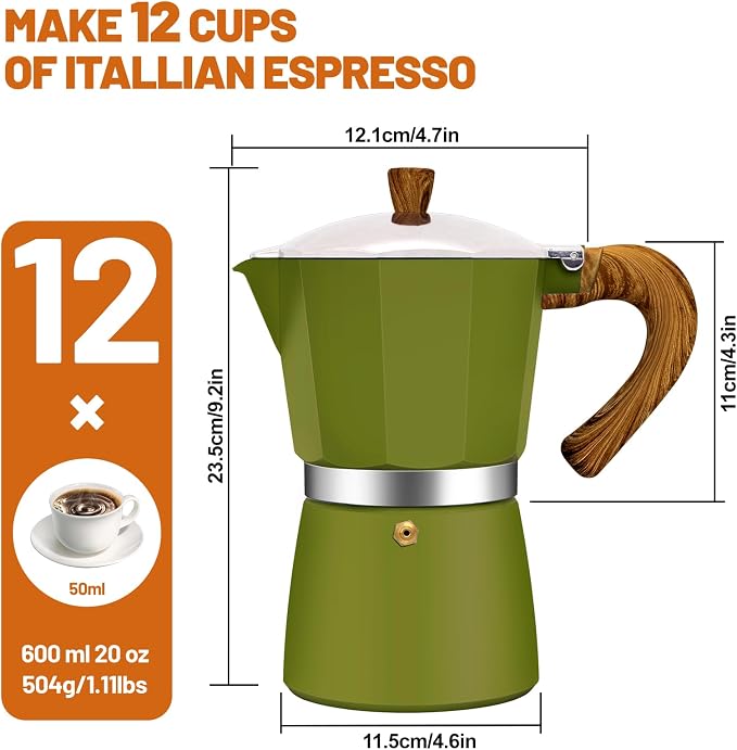 12 Cup Aluminum Espresso Stovetop Moka Pot Express Coffee Maker Percolator Italian Classic Mocha Coffee Machine for Italian and Cuban Cafe Brewing for Home & Camping 600ml 20oz