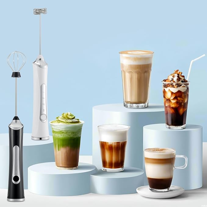 Handheld Electric Milk Frother with 2 Heads, Coffee Whisk Foam Mixer with USB Rechargeable 3 Speeds, Foam Maker Blender for Latte, Cappuccino, Hot Chocolate, Egg