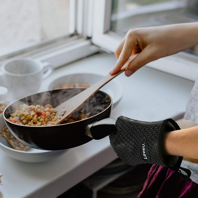 Silicone Oven Mitts Gloves - Heat Resistant, Non-Slip for BBQ, Grilling | 450°F Double-Layer｜Waterproof Kitchen Cooking Barbecue Mittens ｜5 Finger Hot Mitt for Baking, Smoker& Cast Iron(Small)