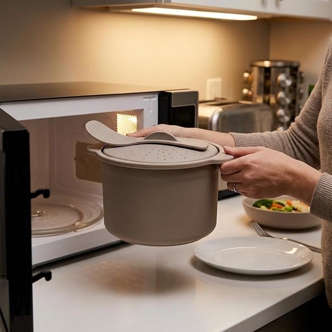 Microwave Rice & Grain Cooker, Locking Lid | Easy Cook Container, Heat-Resistant Handles, Includes Measuring Cup & Mixing Paddle, Cooks Veggies & More