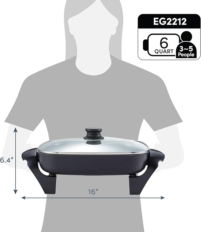 Elite Gourmet Ceralast PFAS-Free Ceramic Electric Skillet, 1200W, Dark Gray | Dishwasher Safe, Rapid Heat-Up Coating, 12"x12" Cooking Surface, Non-Stick for Everyday Meals - 2.15" Deep Design
