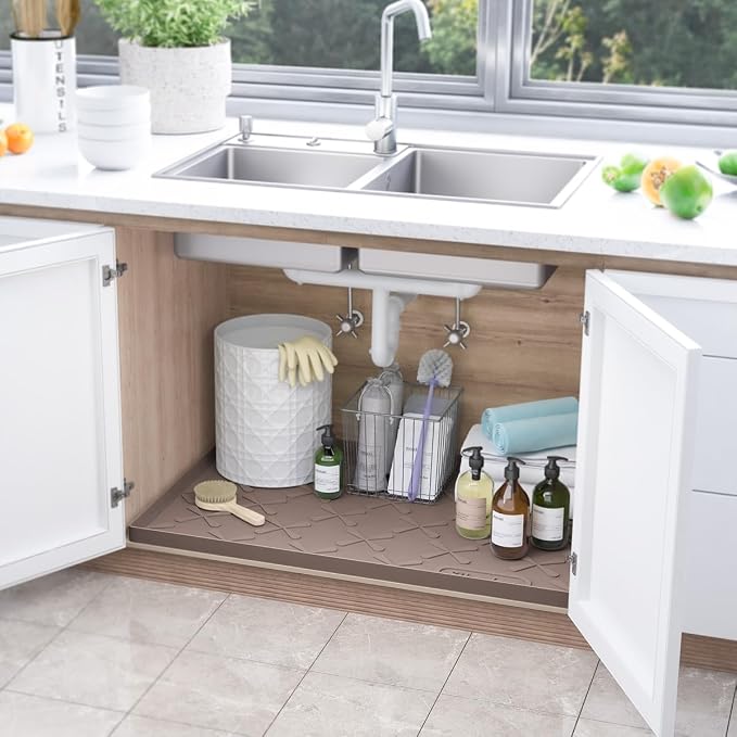 Waterproof Under Sink Mat 19" x 19" Silicone Mat Cabinet Protector | Heavy Duty Kitchen Cabinet Liner, Easy Press Drain, Home Essentials for Pet Feeding, Boots, Bathroom, Organizers & Storage