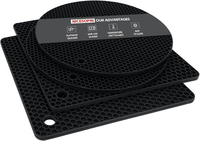 4 Pack Silicone Pot Holders & Hot Pads - Heat Resistant Non-Slip Mats for Kitchen Countertops, Trivets for Hot Dishes, Dishwasher Safe & BPA-Free (Black)