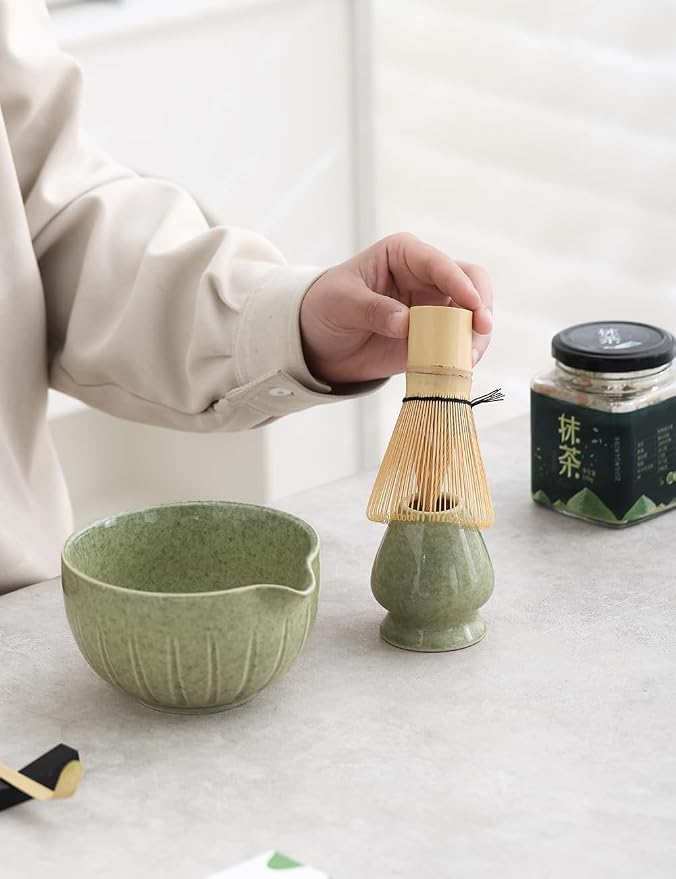 TANG PIN Matcha Set - Match Bowl and Whisk, 15 OZ Matcha Whisk Set | Matcha Scoop | Matcha Whisk Stand (Chasen Holder) - 5pc Perfect Matcha Kit for Matcha Tea Ceremony (Mottled Green)