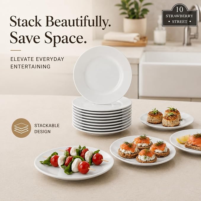 10 Strawberry Street 6" Catering Round Appetizer Plate, Set of 12,White