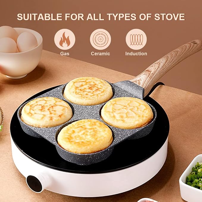 Fried Egg Pan, 4 Cups Egg Frying Pan Nonstick - Black | Egg Poacher Pan Mini Pancake Pan Burger Maker for Breakfast, Aluminum Alloy